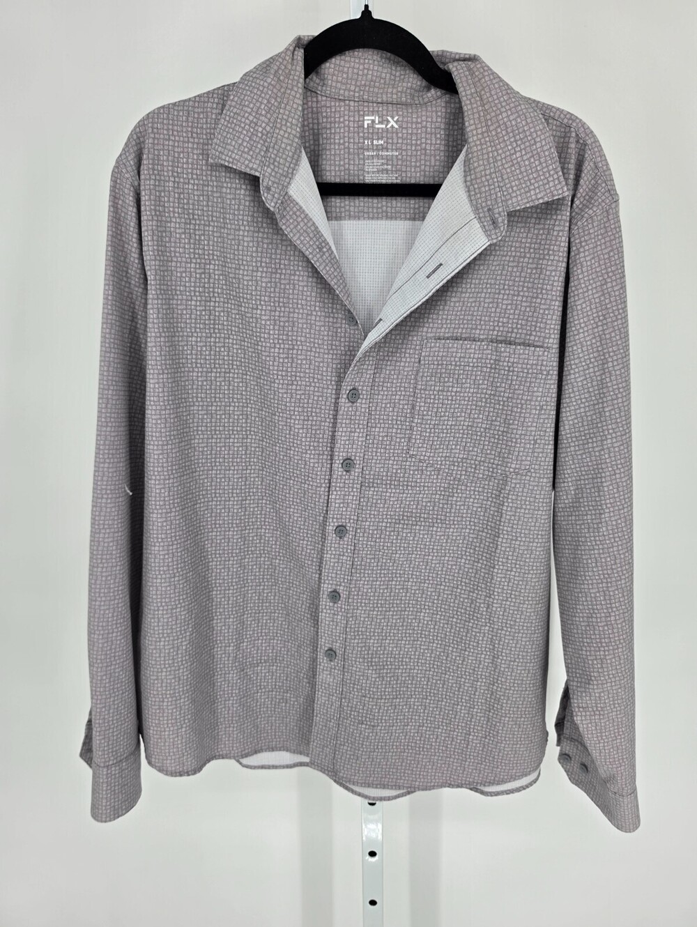 FLX Mens Sz XL Slim Fit Long Sleeve Button Up performance Shirt Gray Geometric